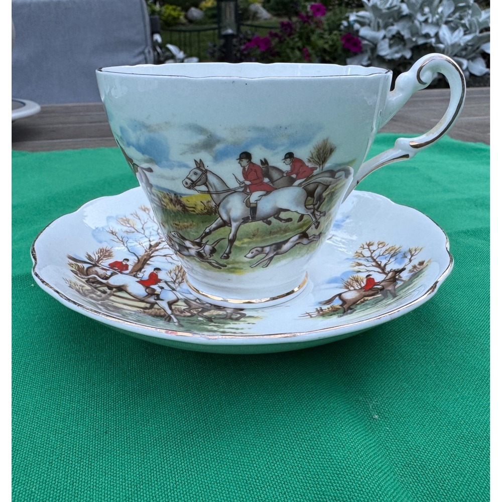 Regency English Bone China Tea Cup Saucer Set Vintage Fox Hunt Equestrian Scene